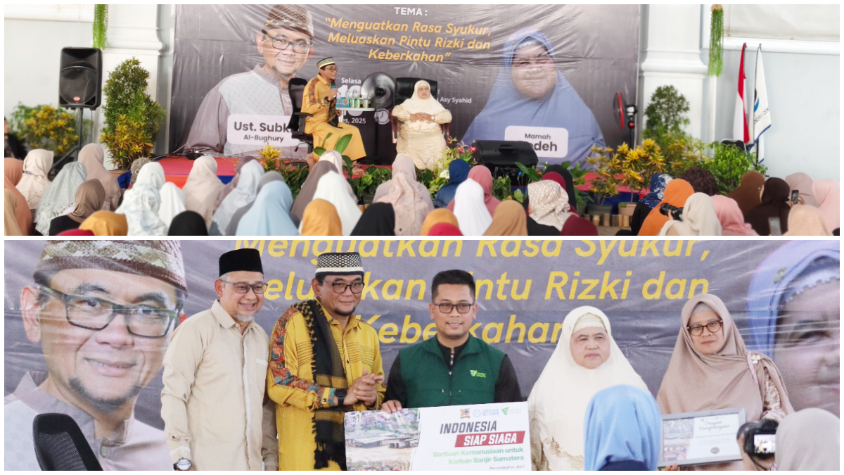 Mamah Dedeh dan Ustadz Subki Al Bughury pada&nbsp;Tabligh Akbar di Sekolah Quran Asy Syahid dan Penggalangan Donasi Korban Bencana Sumatera
