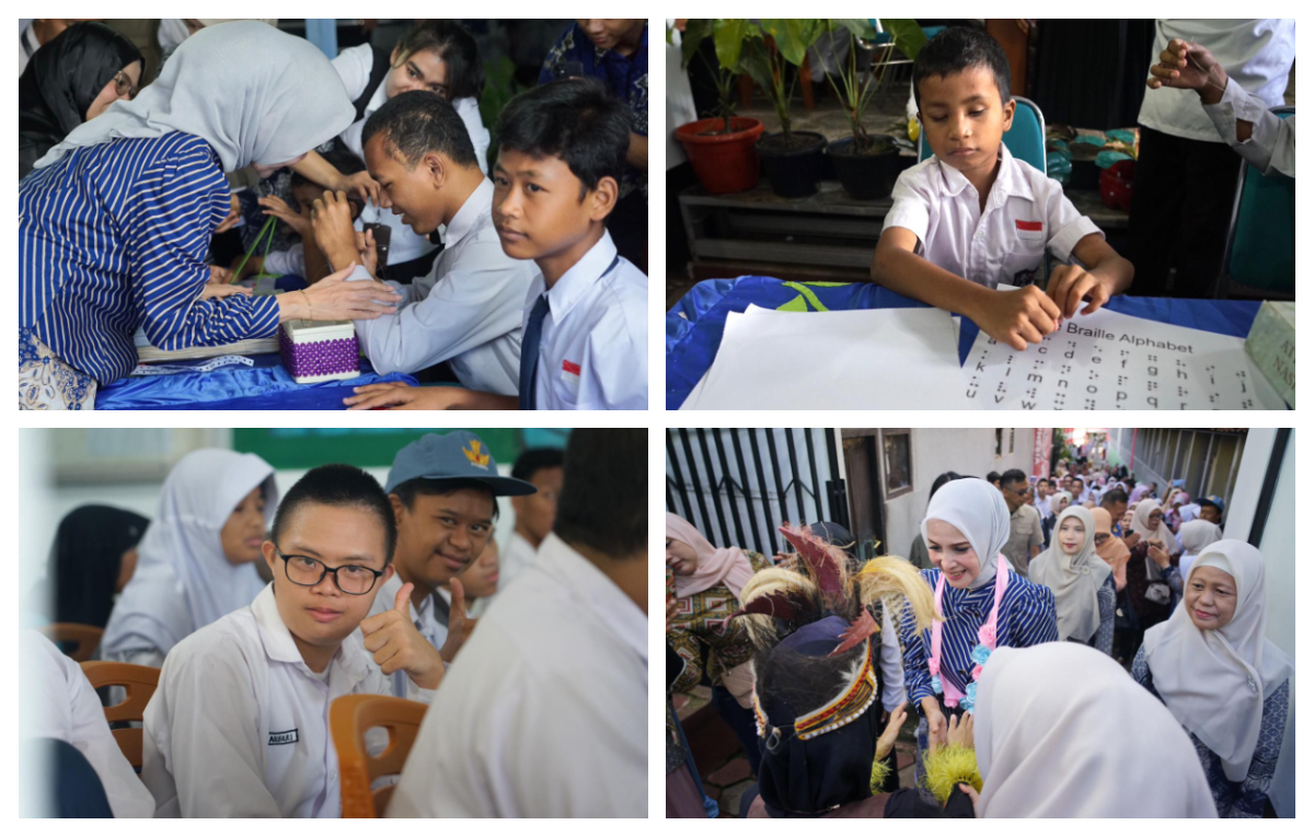 Ketua TP PKK Kota Bogor, Yantie Rachim, saat melihat hasil karya siswa SLB Negeri Sejahtera.