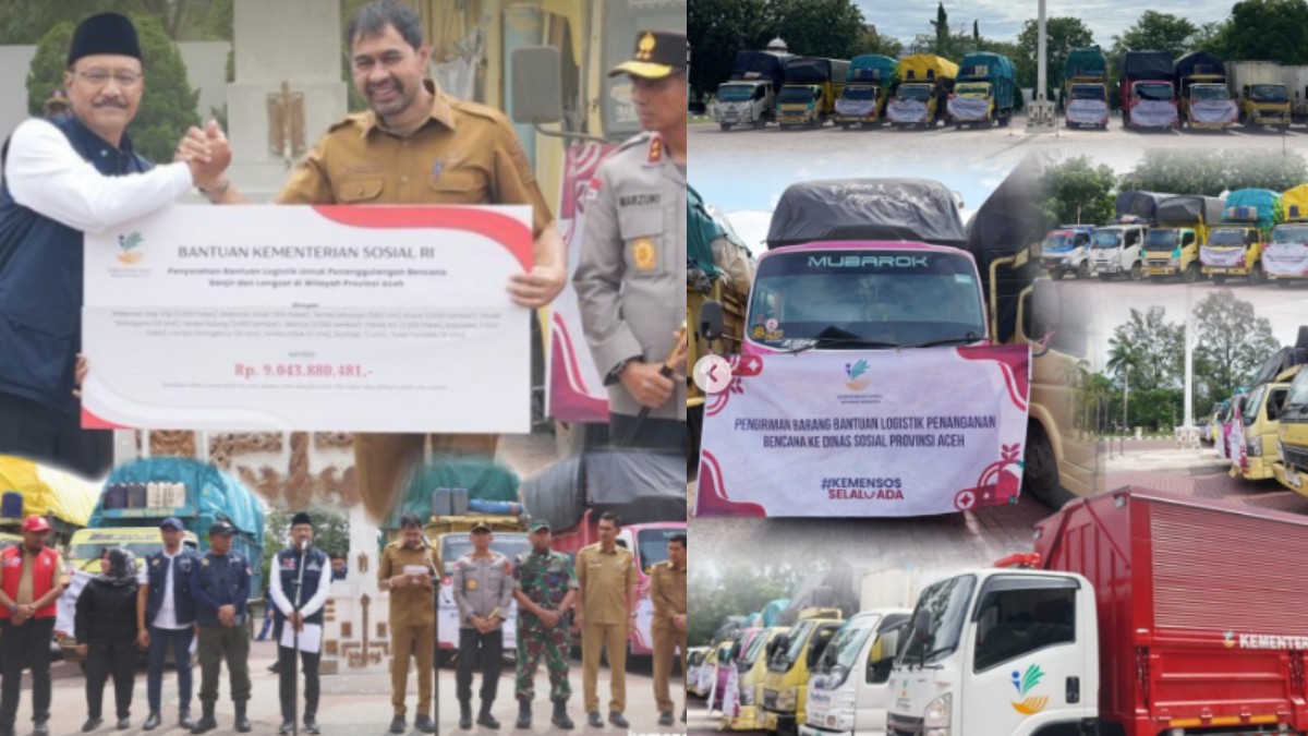 Menteri Sosial Saifullah Yusuf menyalurkan bansos berupa bantuan logistik kepada Gubernur Aceh, Muzakir Manaf.