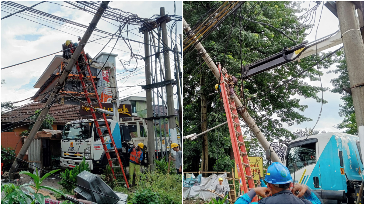 Tiang di ujung jembatan Flyover RE Martadinata roboh akibat tanah ambles.