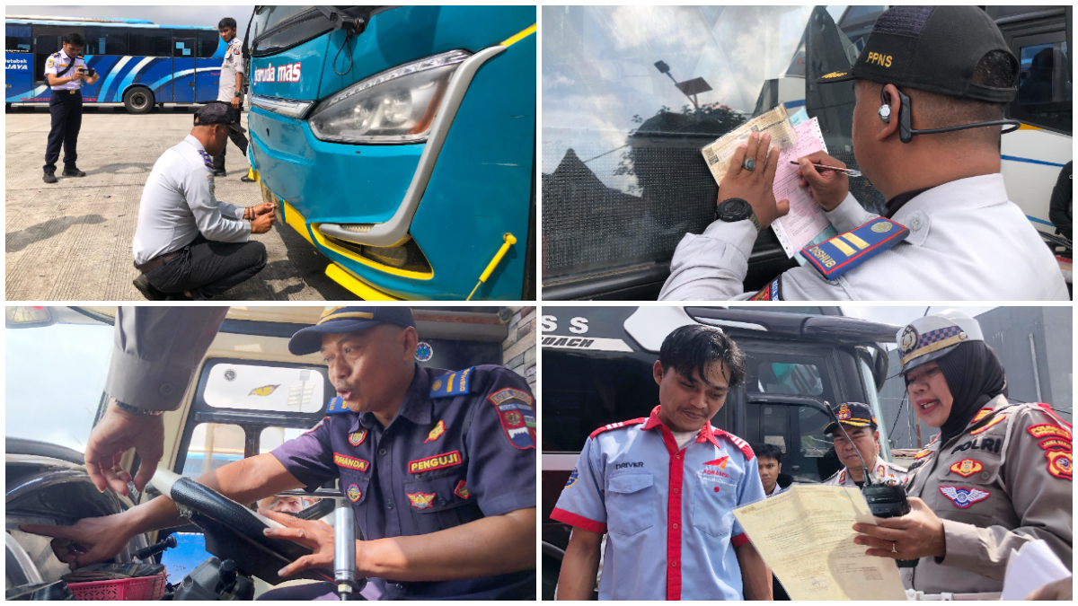 Petugas gabungan dari Dishub dan Satlantas Polresta Bogor Kota saat melaksanakan Ramp Check di Terminal Bubulak.