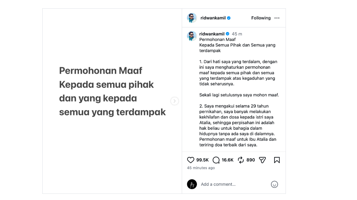 Unggahan Instagram mantan Gubernur Jawa Barat Ridwan Kamil.