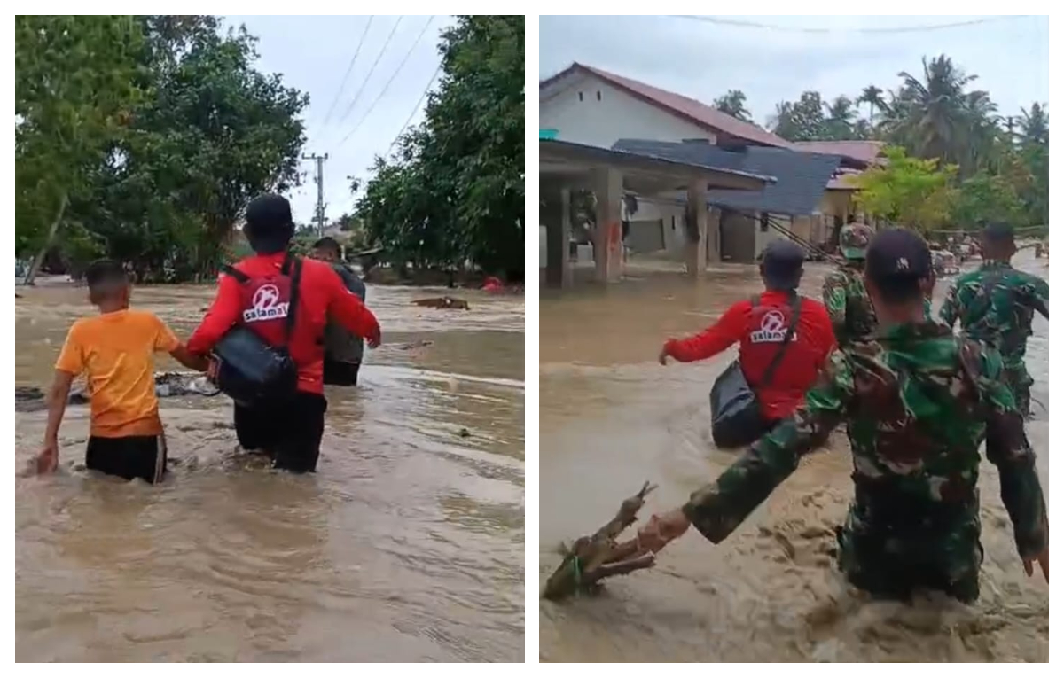 Keberanian warga Pidie Jaya, Aceh, yang mulai kembali menata rumah pascabanjir mendadak runtuh akibat datangnya banjir susulan.
