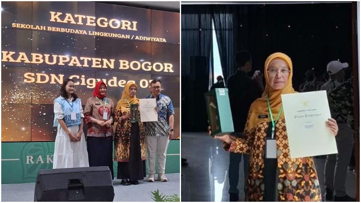 Kepala SDN Citeureup 06 Susmiyati saat menerima penghargaan di kantor DLH Provinsi Jawa Barat.