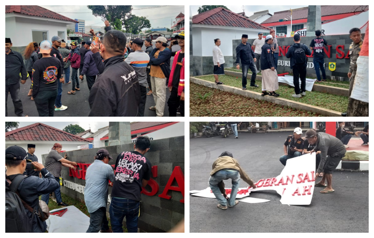 Warga membongkar plang Ruko Citeureup Indah, Kecamatan Citeureup, Kabupaten Bogor, yang menggunakan nama Pangeran Sake, Rabu 31 Desember 2025.