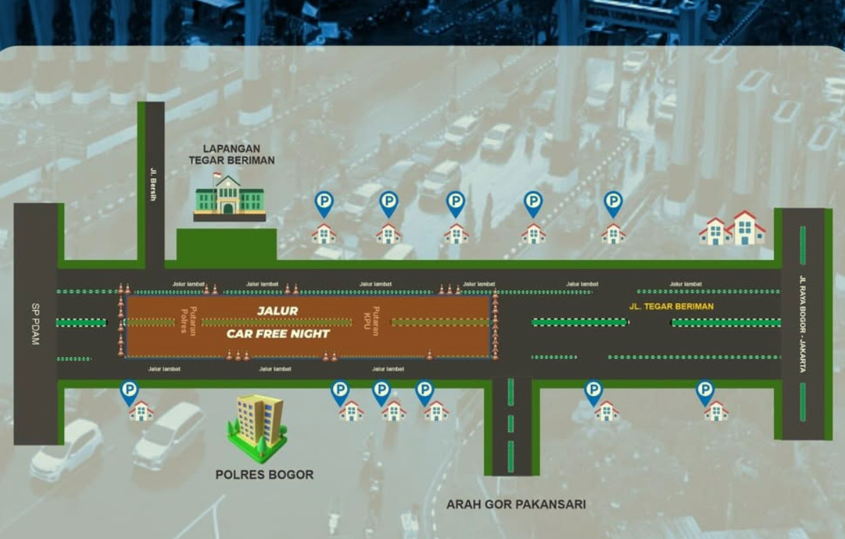 Rekayasa lalu lintas&nbsp;car free night di Cibinong, Kabupaten Bogor.