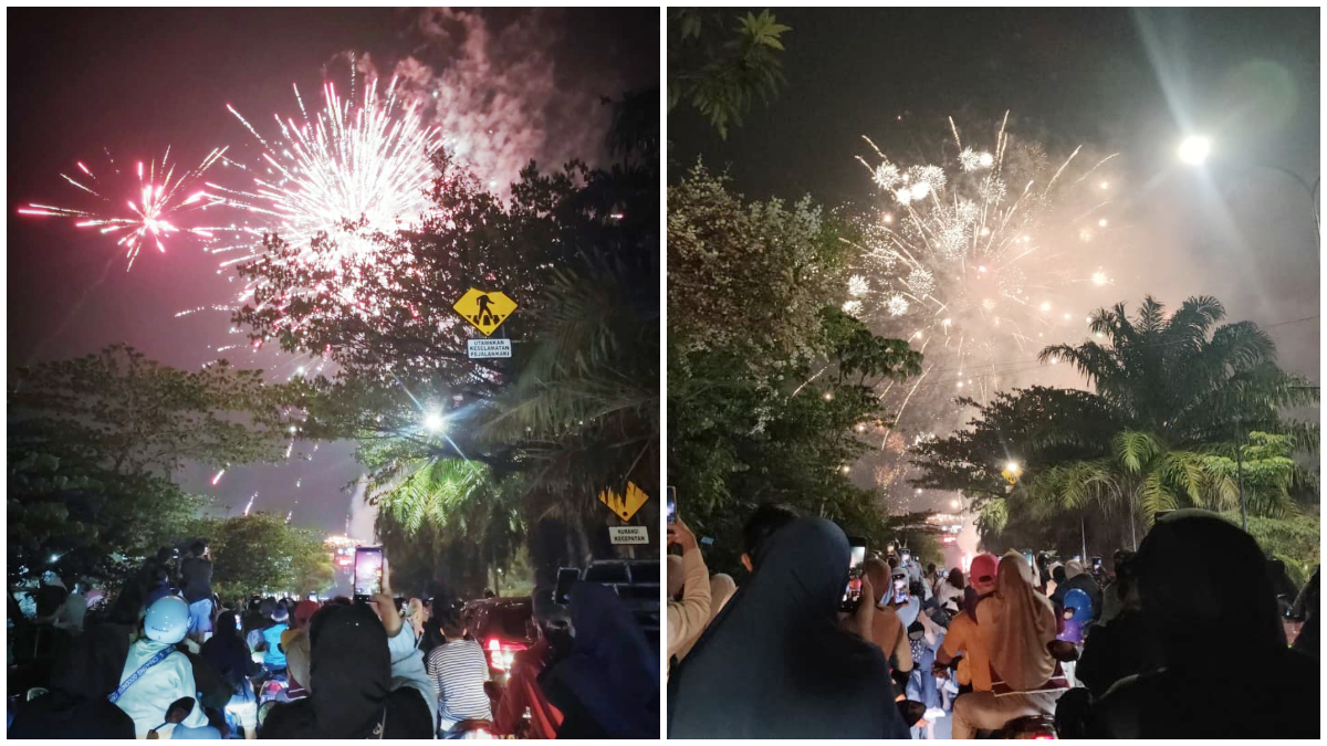 Ribuan warga Kota Depok memadati Jalan GDC menyaksikan pesta kembang api pada Kamis 1 Januari 2026.