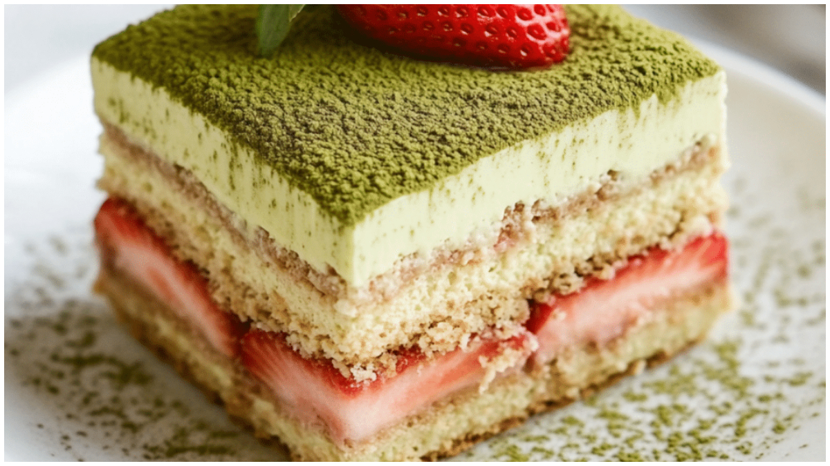 Ilustrasi Strawberry Matcha Cake yang lembut dan segar.&nbsp;