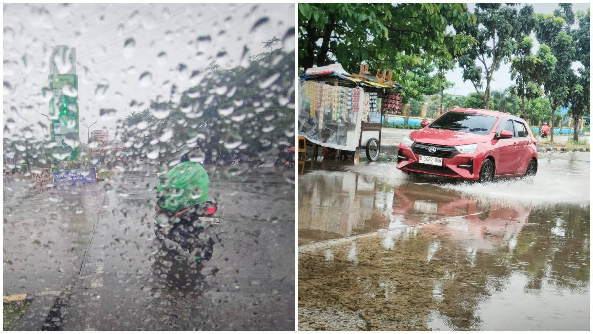 Hujan deras yang mengguyur kawasan GDC Kota Depok dan ruas jalan yang tergenang air.