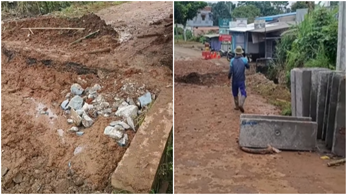 Kondisi Jalan Cendrawasih di Kecamatan Tajurhalang, Kabupaten Bogor yang amblas dan kini tengah diperbaiki.