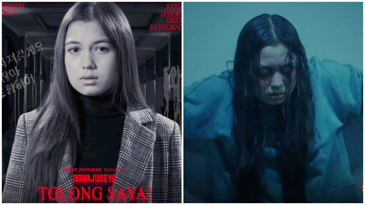 Aktris Saskia Chadwick dalam promosi film horor Tolong Saya! Dowajuseyo serta poster resmi film.
