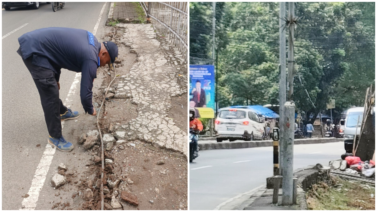 Petugas teknisi memperbaiki kabel tanam PJU yang korsleting di Jalan Raya Bogor.