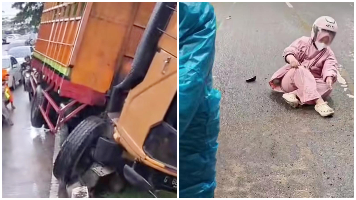 Tangkapan layar truk kecelakaan di Jalan Boulevard Kota Depok dan pengendara motor jatuh di Jalan Juanda.