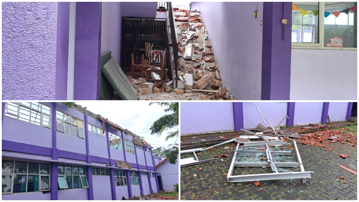Kondisi atap SMAN 2 Gunung Putri Bogor yang ambruk.
