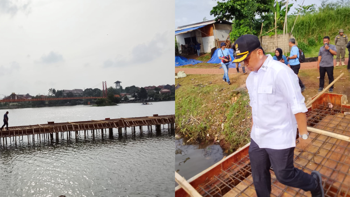 Wali Kota Depok Supian Suri saat memimpin pembongkaran bangunan mirip pagar beton di Situ Tujuh Muara.