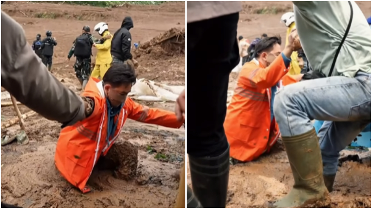 Bupati Bandung Barat Jeje Ritchie Ismail sempat terjebak dalam lumpur di lokasi longsor Desa Pasirlangu, Kecamatan Cisarua, Kabupaten Bandung Barat.