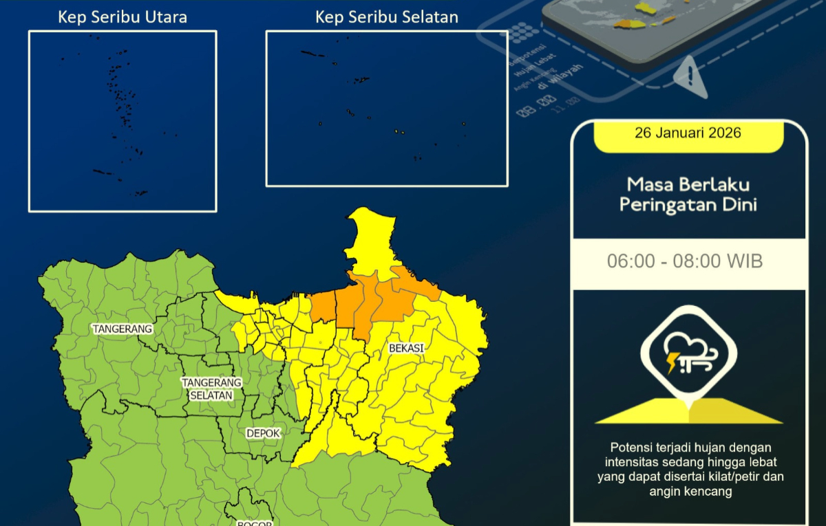 CUACA EKSTREM: Hujan deras Berpotensi terjadi di Jabodetabek, pagi ini Senin 26 Januari 2026.