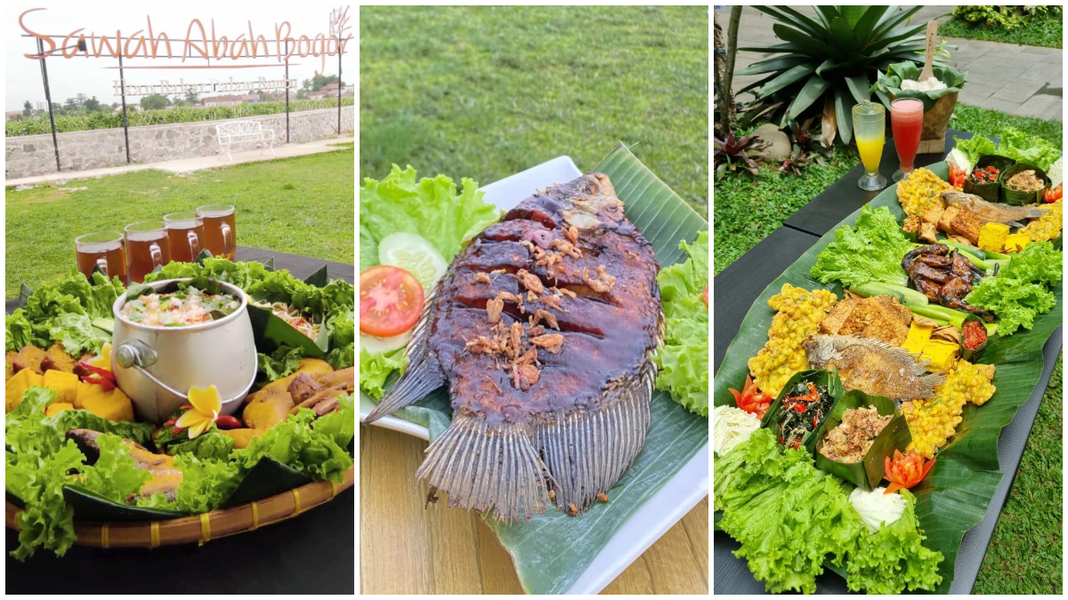 Suasana di Resto Sawah Abah Bogor serta menu makanan khas Sunda yang disajikan.