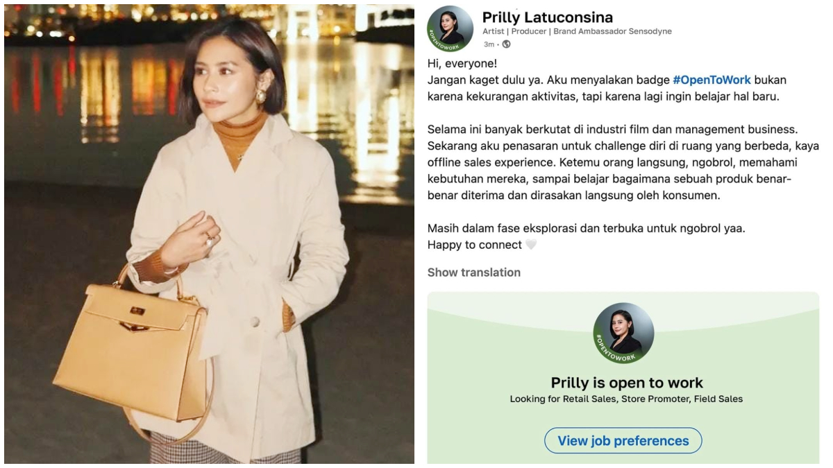 Unggahan Prilly Latuconsina saat mengaktifkan badge tagar Open To Work di LinkedIn pribadinya.&nbsp;