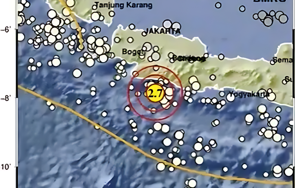 Gempa Magnitudo 2,7 terjadi di Tenggara Kota Sukabumi dengan kedalaman 21 kilometer, Senin 2 Februari 2026.