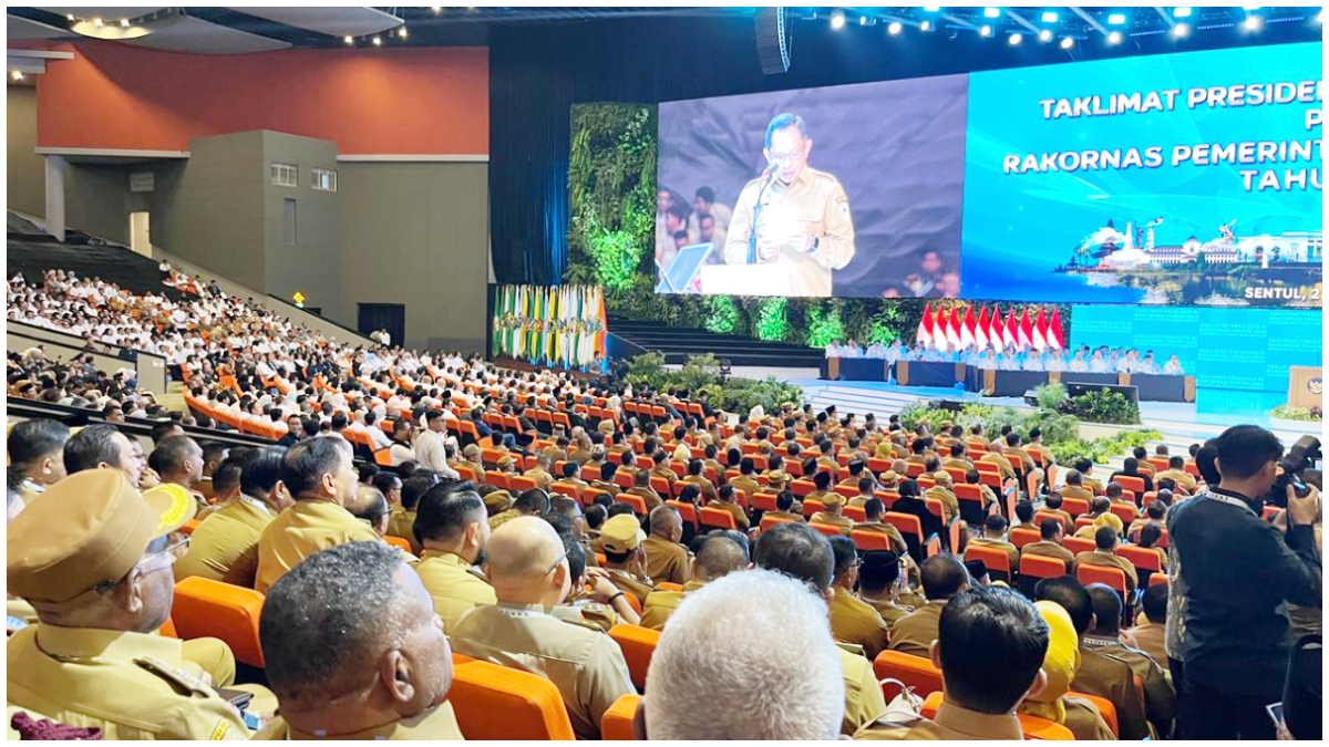 Mendagri, Muhamma Tito Karnavian saat sambutan Rakornas 2026 di SICC, Kabupaten Bogor, Senin 2 Februari 2026.
