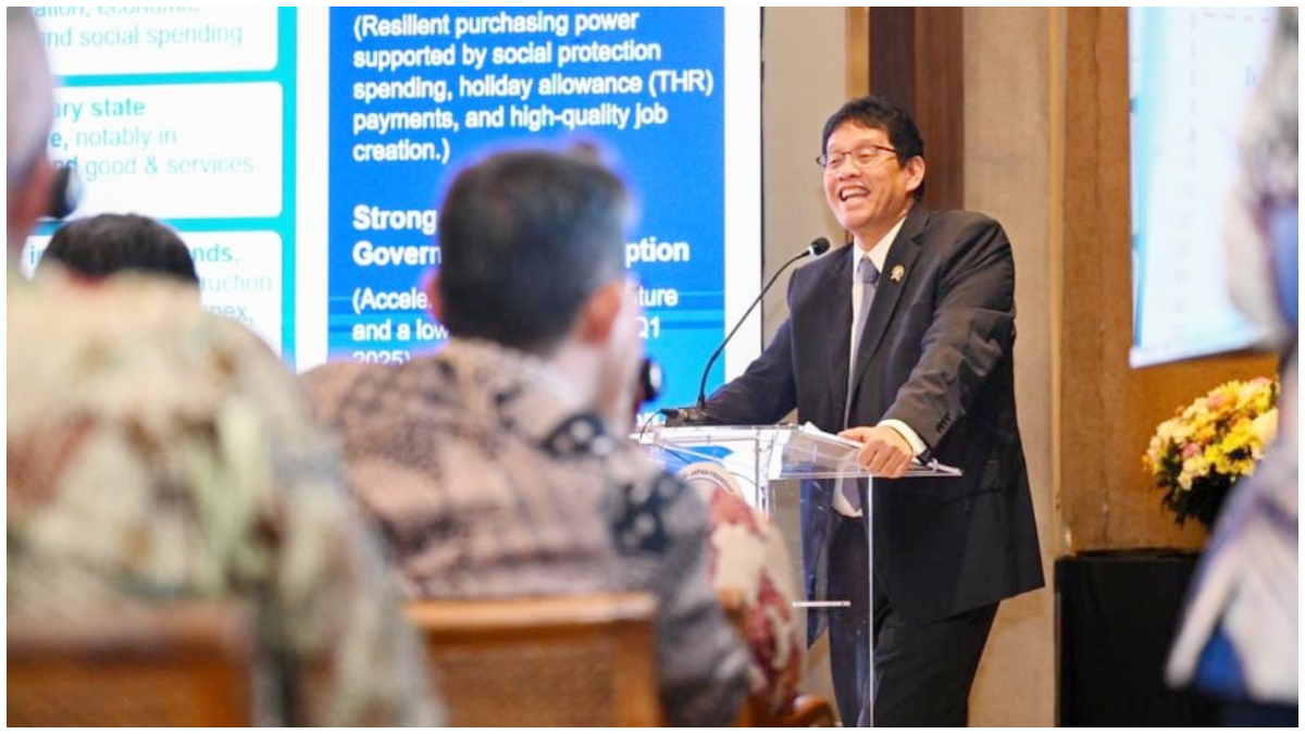 Menteri Keuangan Purbaya Yudhi Sadewa saat menjadi narasumber dalam Indonesia&ndash;Japan Executive Dialogue 2026.