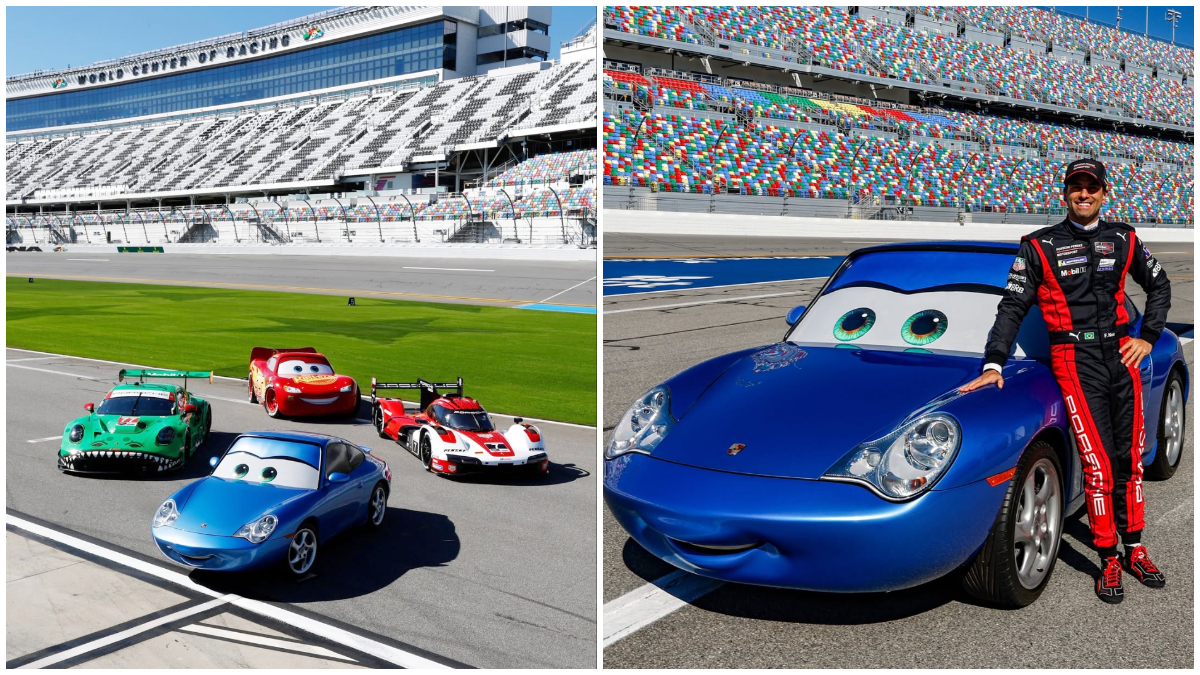 Lightning McQueen dan Sally Carrera tampil bersama mobil balap Porsche di Daytona International Speedway.