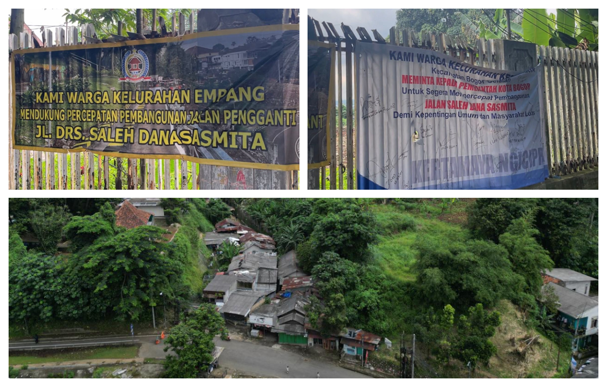 Banner warga yang meminta untuk percepatan pembangunan akses pengganti Jalan Saleh Danasasmita, Kelurahan Batutulis, Kecamatan Bogor Selatan, Kota Bogor.