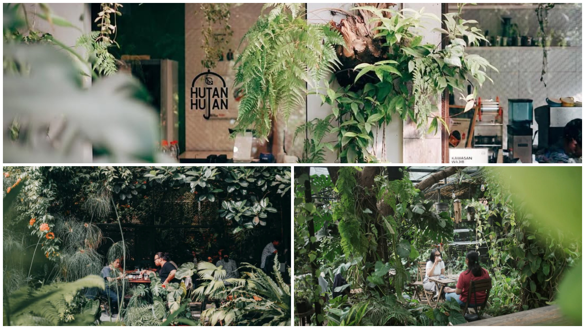 Suasana kafe Hutan Hujan Dramaga dengan konsep alam yang hijau dan menenangkan.