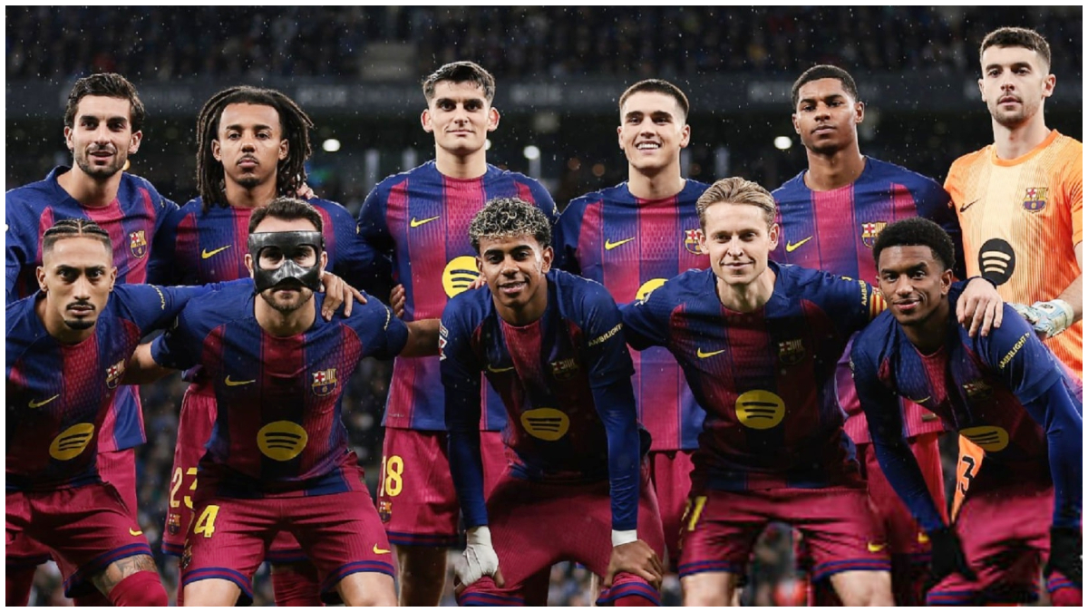 Skuad Barcelona saat menghadapi Espanyol di La Liga.