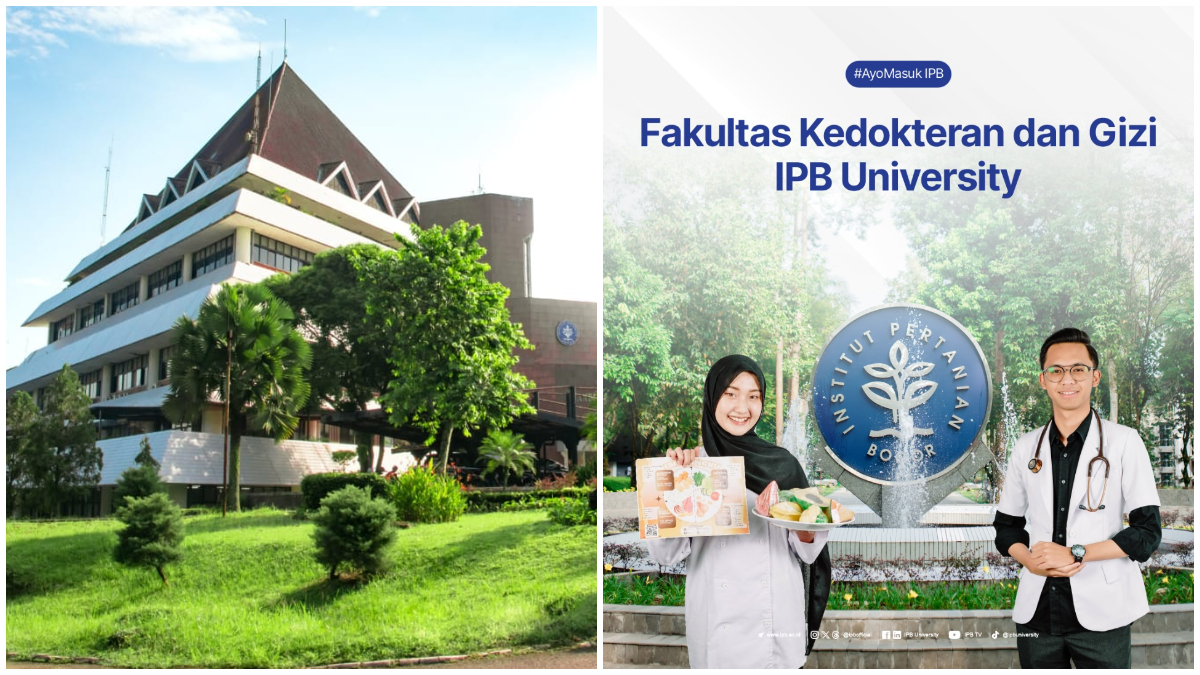 Gedung IPB University dan highlight Fakultas Kedokteran dan Gizi.
