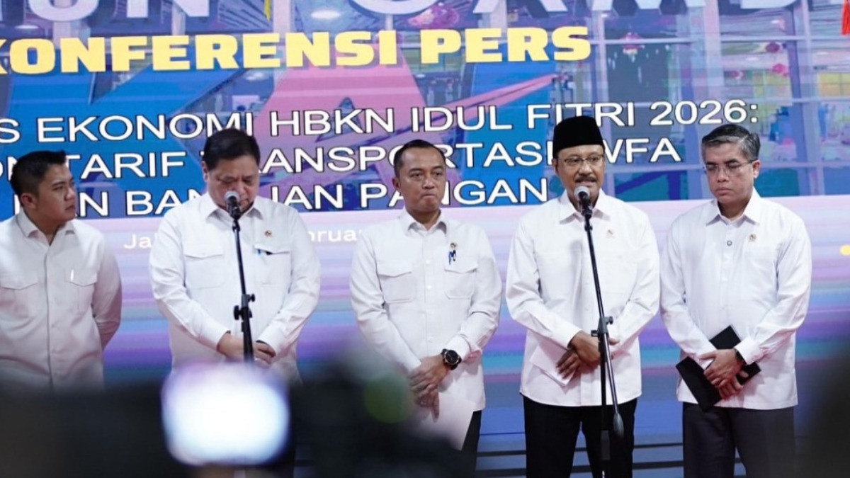 Konferensi pers tentang bansos tambahan pangan jelang Ramadhan 2026.
