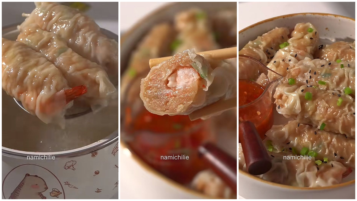 Visualisasi dan proses membuat Pangsit Gulung Ayam Udang.