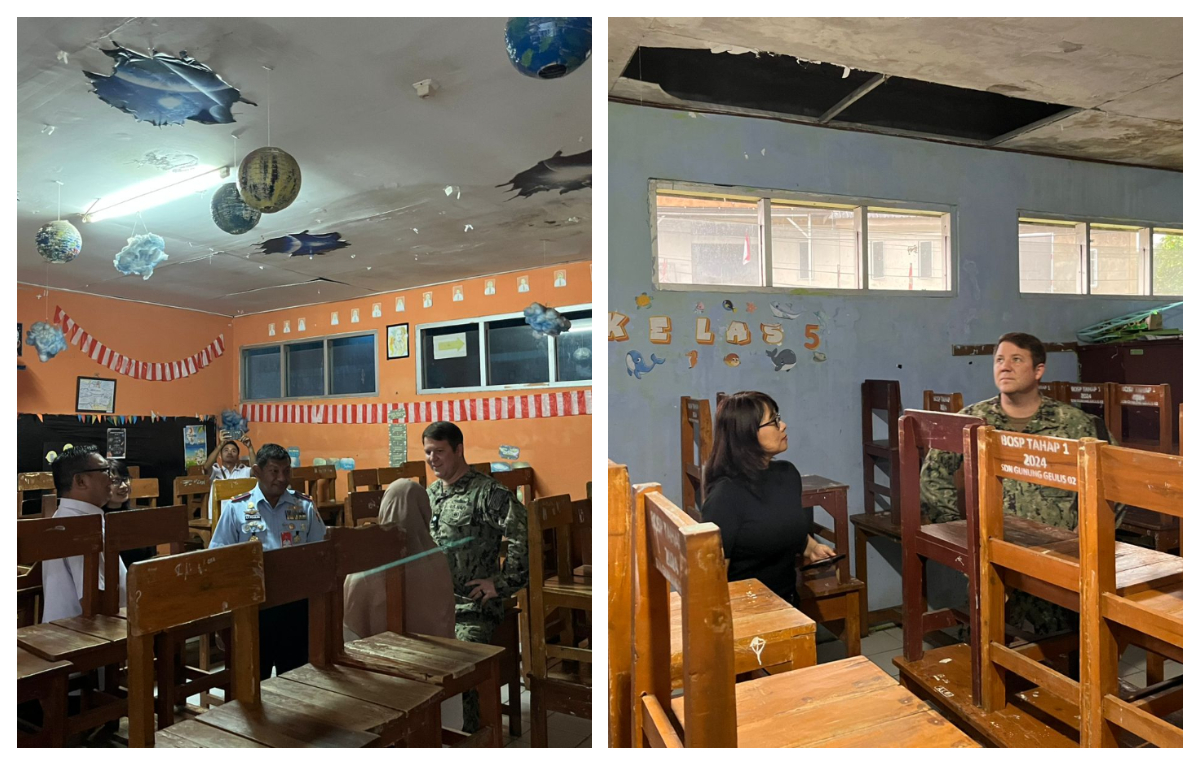 Perwakilan Kedubes Amerika Serikat didampingi Danlanud ATS, Marsma TNI A. Ferdinand Picaulima beserta jajaran Disdik Kabupaten Bogor meninjau SDN Gunung Geulis, Kecamatan Sukaraja, Rabu 11 Februari.