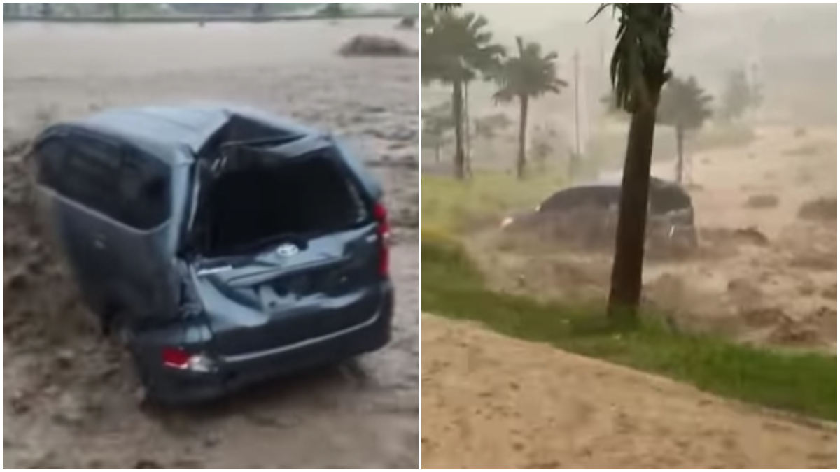 Banjir terjadi di kawasan Sentul, Kecamatan Babakan Madang, Kabupaten Bogor hingga membuat mobil terseret arus.