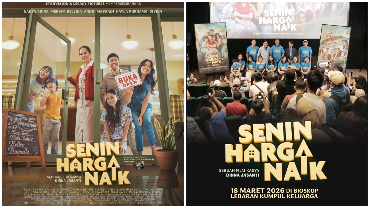 Official poster dan potret para pemain saat konferensi pers Film Senin Harga Naik.