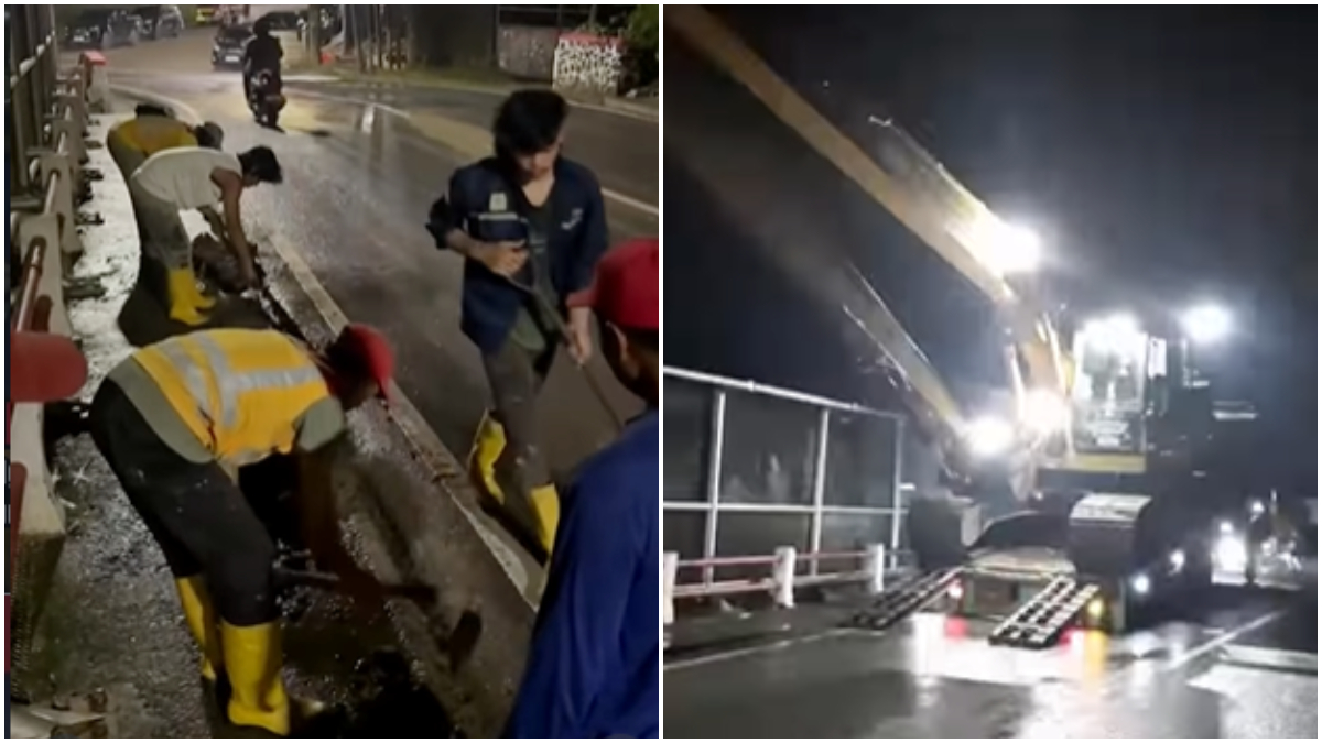Petugas melakukan penanganan pasca banjir yang terjadi di Desa Cijayanti dan Bojong Koneng, Kecamatan Babakanmadang, Kabupaten Bogor.