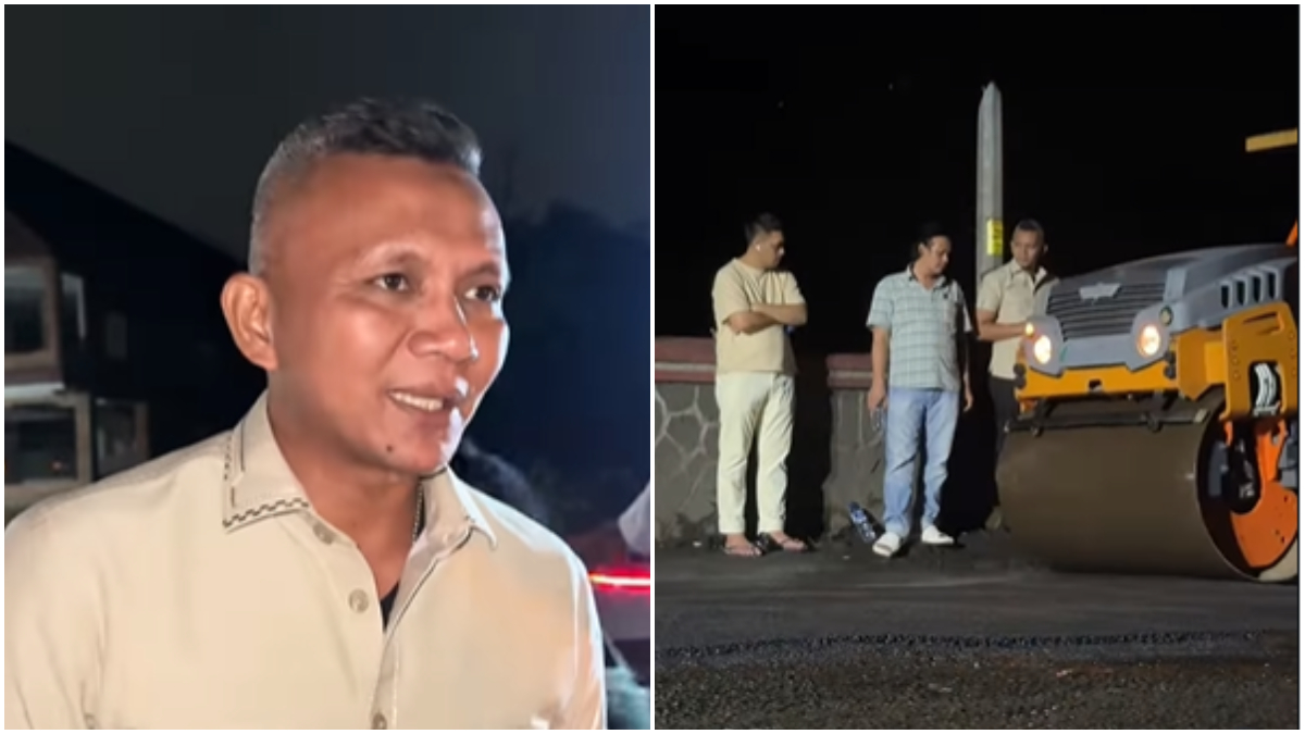 Wakil Wali Kota Bogor Jenal Mutaqin menambal jalan berlubang di Jalan KHR Abdullah Bin Nuh.