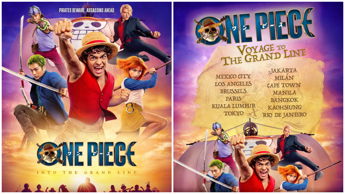 Poster One Piece : Voyage to The Grand Line menampilkan daftar kota dunia, termasuk Jakarta, sebagai lokasi fan event.