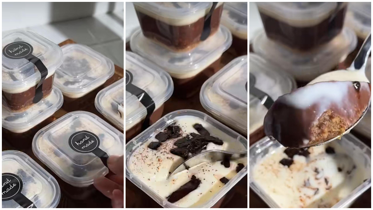 Regal Choco Pudding dengan lapisan biskuit, puding cokelat, dan vla cream cheese dalam kemasan 150 ml.