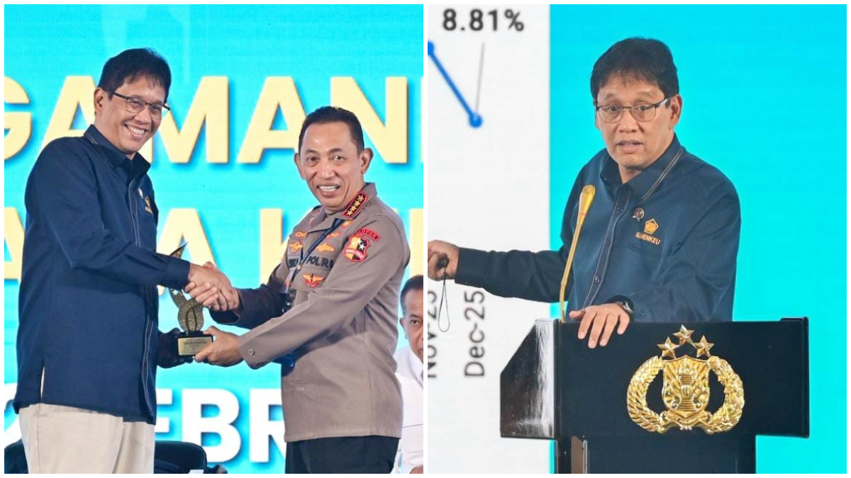 Suasana Menkeu Purbaya saat menjadi pembicara dalam forum panel Rapim Polri.