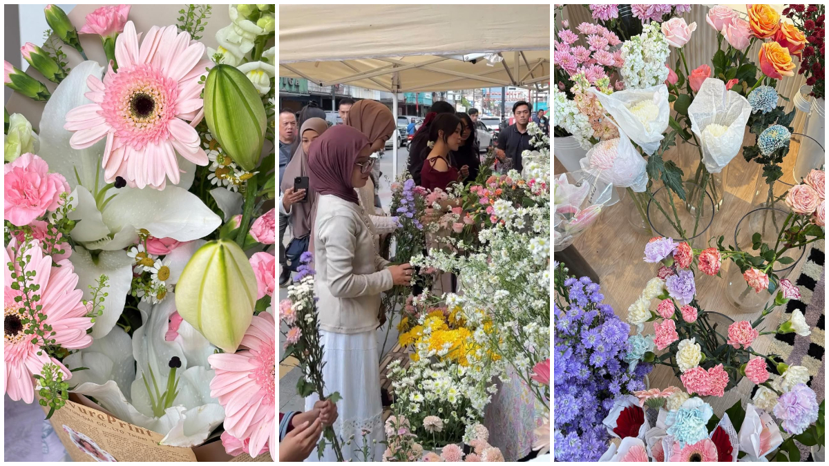 Suasana market flowers di depan Fanati Coffee serta bunga warna warni yang fresh.