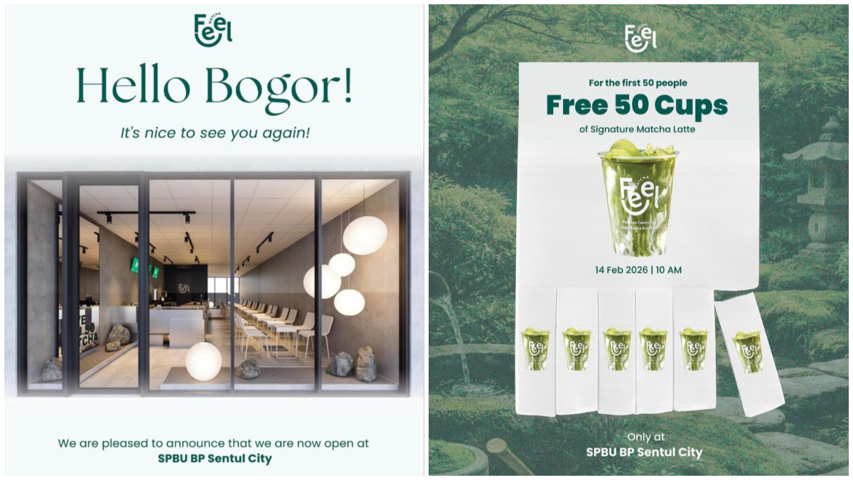 Unggahan pengumuman resmi pembukaan gerai baru Feel Matcha, pembagian 50 cup gratis, dan promo buy 1 get 1.