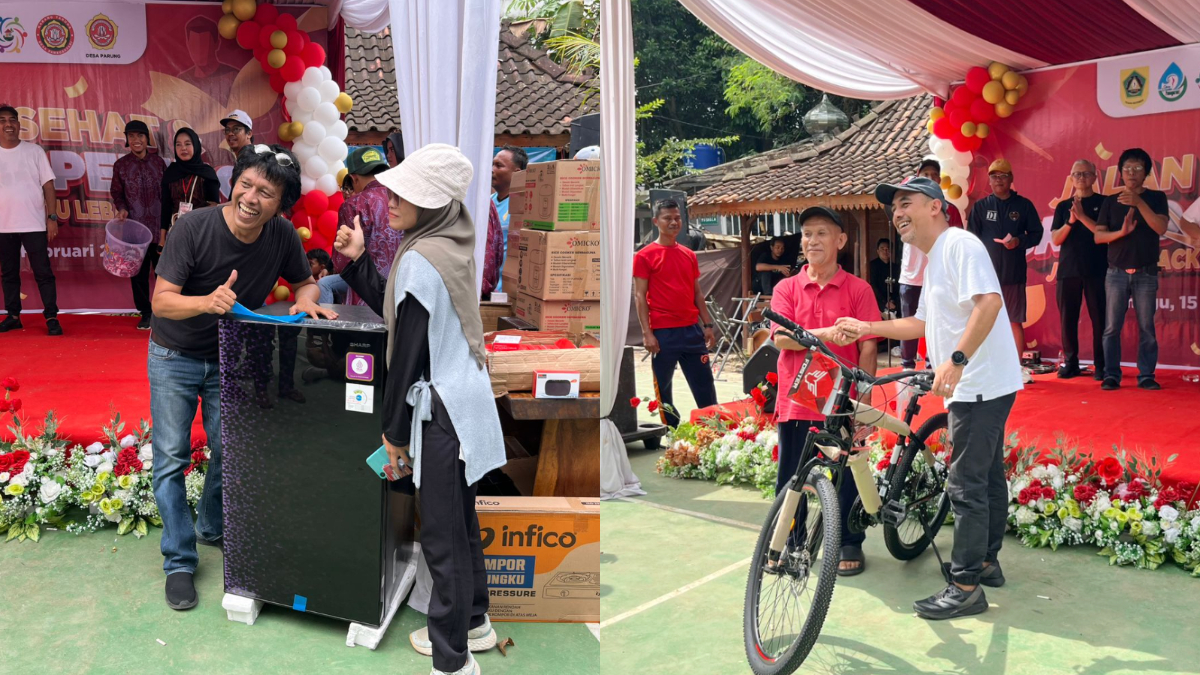 Ribuan warga mengikuti event jalan sehat dan grand opening jogging track Setu Lebak Wangi, Desa Pemagarsari, Parung, Kabupaten Bogor, Minggu 15 Februari 2026.