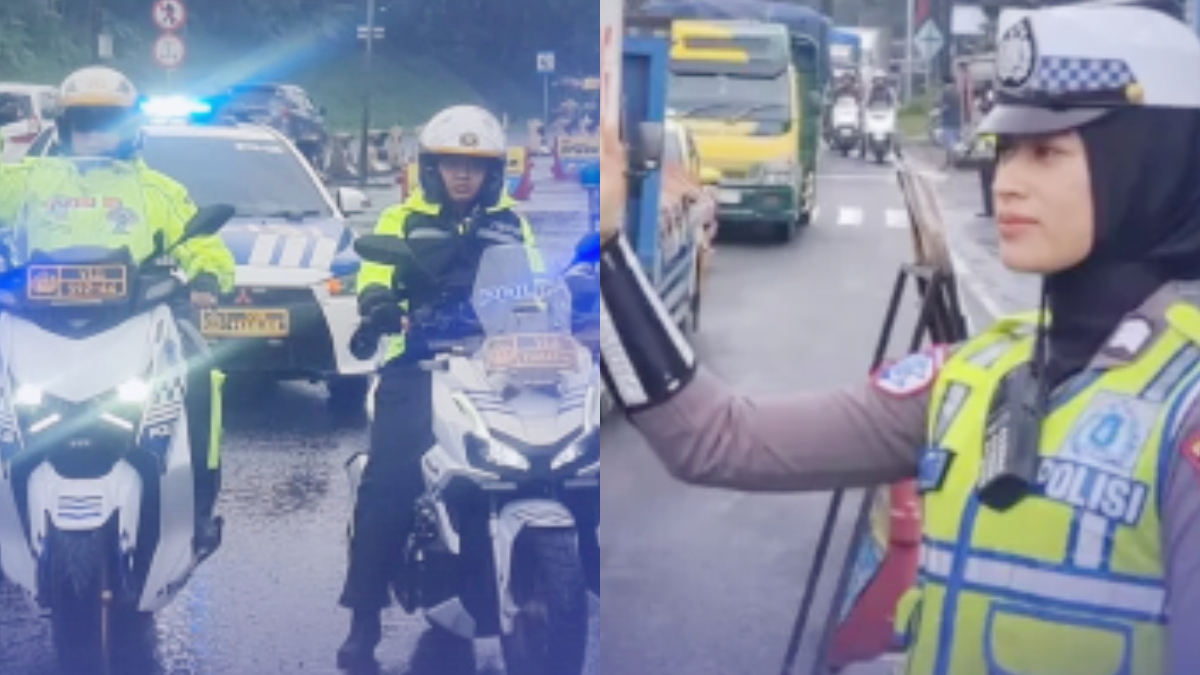 Satuan Lalu Lintas Polres Bogor saat mengatur arus lalin di kawasan Puncak, Kabupaten Bogor.
