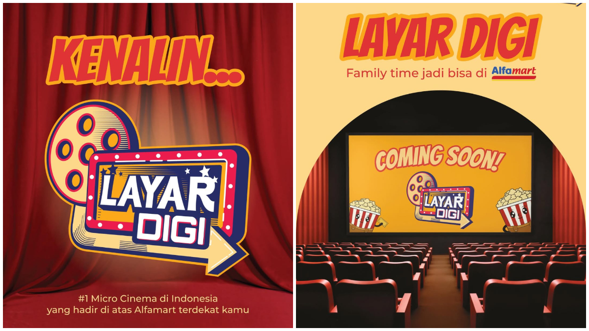 Tampilan promosi Layar Digi sebagai micro cinema yang akan hadir di gerai Alfamart.