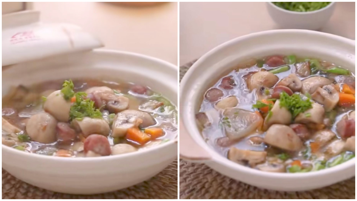 Tampilan Sup Jamur Kancing, menu berkuah untuk berbuka puasa dan sahur.