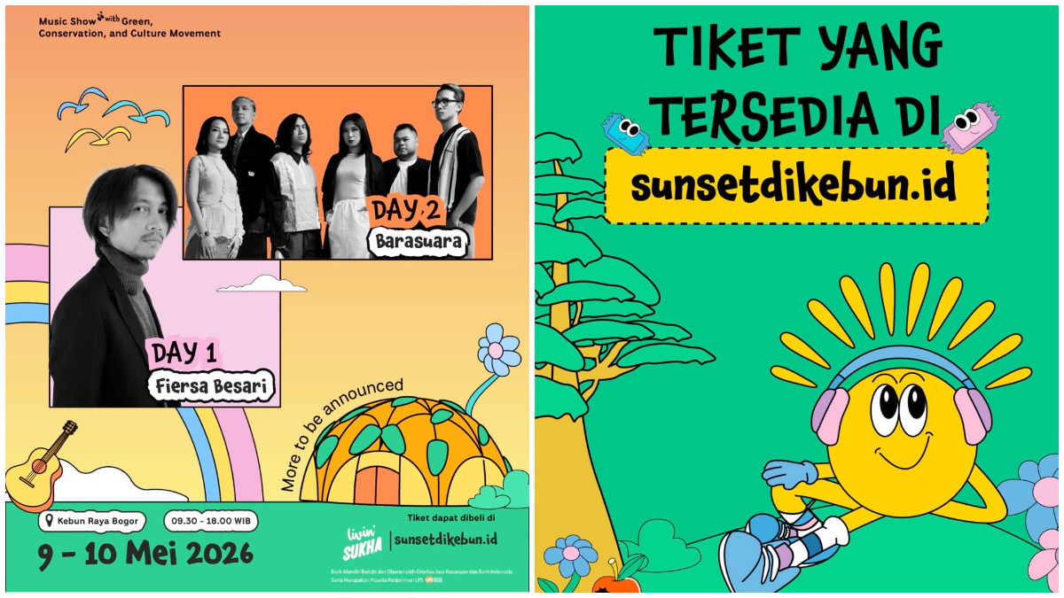 Poster resmi penjualan tiket dan line up Sunset di Kebun 2026 di Kebun Raya Bogor.