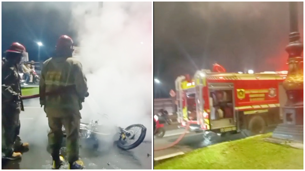 Penanganan motor RX King yang hangus terbakar di Pakansari, Cibinong, Kabupaten Bogor. 