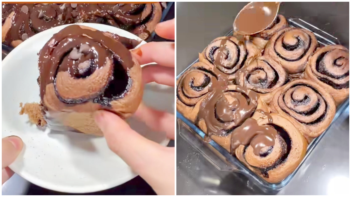 Tampilan Chocolate rolls triple cokelat dengan topping saus melimpah. 